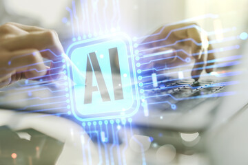 Fototapete - Double exposure of creative artificial Intelligence icon with hands typing on laptop on background. Neural networks and machine learning concept