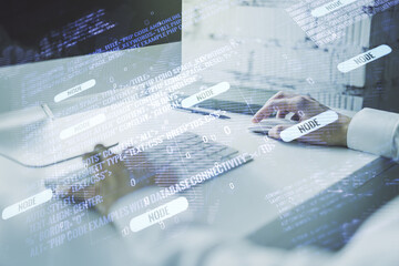 Poster - Abstract creative coding concept with world map and hands typing on laptop on background. Multiexposure