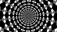 Circular Tunnel Rhomboidal Chess Black And White Rotating, Checker Board 3d Animation, Optical Illusion Loop Footage Abstract Background For Vj, Dj, Template, Meditation, Intro And Outro Video.