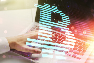 Poster - Creative Bitcoin concept with hands typing on computer keyboard on background. Double exposure