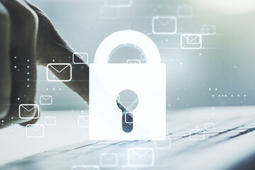 Poster - Creative light lock illustration with postal envelopes and hands typing on computer keyboard on background, cyber security and email protection concept. Multiexposure
