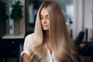 Beautiful Hairstyle of Young Blonde Woman After Hair Extensions in Hair Salon