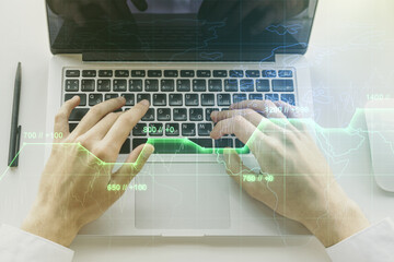 Poster - Multi exposure of abstract graphic data spreadsheet sketch with hands typing on computer keyboard on background, analytics and analysis concept