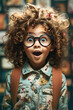 A young girl wearing glasses looking in wonder and amazement.
