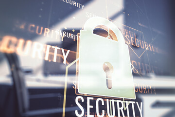 Poster - Creative idea concept with lock symbol and microcircuit illustration and modern desktop with computer on background. Protection and firewall concept. Multiexposure