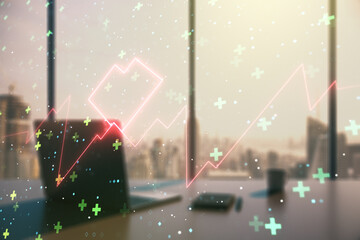 Poster - Creative abstract heart pulse hologram and modern desktop with pc on background, online medical consulting concept. Multiexposure