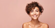 © Mali - Portrait of young happy woman with rock short hairstyle. Skin care beauty, skincare cosmetics, dental concept, isolated over pink background.