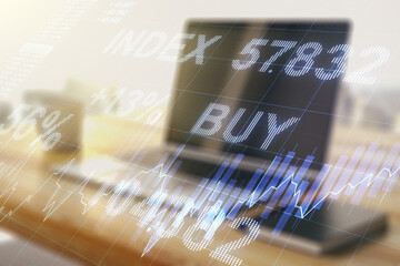Poster - Double exposure of abstract creative financial chart and modern desktop with laptop on background, research and strategy concept