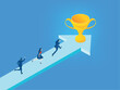 Business people running on arrow towards trophy, isometric business environment. Business, start up, achievement and competitive professional life concept  