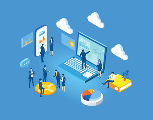 Wall Mural - Business people working with big computer, cooperating, sharing ideas concept. Isometric business environment. Infographic illustration
