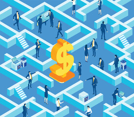 Wall Mural - Business people working around golden coin stacks, isometric business environment. Economy, finance, banking concept 