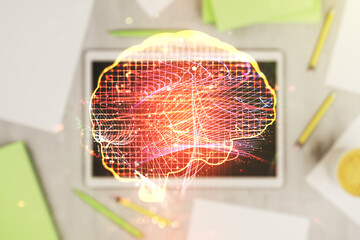 Poster - Double exposure of creative human brain microcircuit and modern digital tablet on background. Future technology and AI concept