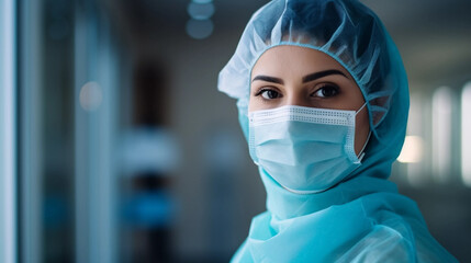 Smiling surgeon middle east woman in surgical operating room, talented doctor surgeon successfully performed complex surgery on patient, happy smiling middle east woman in medical coat and cap. Profes