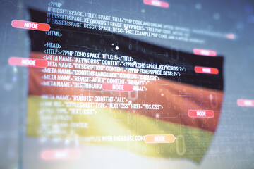 Poster - Abstract virtual coding concept on flag of Germany and sunset sky background. Multiexposure