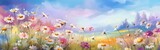 Drawn cosmos flowers pink, lilac and white on meadow against blurred blue sky with clouds, spring summer landscape of flower field pastoral airy artistic image nature illustration Generative AI