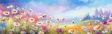 Drawn Cosmos Flowers Pink, Lilac And White On Meadow Against Blurred Blue Sky With Clouds, Spring Summer Landscape Of Flower Field Pastoral Airy Artistic Image Nature Illustration Generative AI