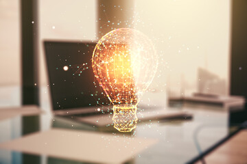 Poster - Creative idea concept with light bulb illustration on modern laptop background. Multiexposure