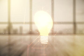 Poster - Double exposure of creative light bulb hologram on empty modern office background, research and development concept