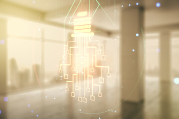 Poster - Virtual creative light bulb with chip hologram on empty classroom background, artificial Intelligence and neural networks concept. Multiexposure