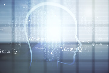 Aufkleber - Abstract virtual artificial Intelligence interface with human head hologram on empty corporate office background. Multiexposure