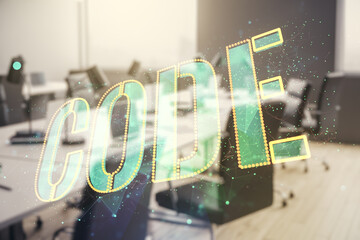 Poster - Code word hologram on a modern furnished classroom background, international software development concept. Multiexposure
