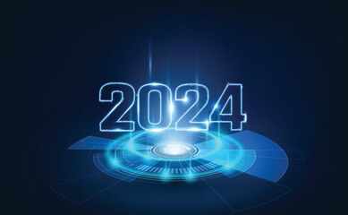Fototapete - Happy New Year vector holiday in technology sci fi circuit design innovation concept. 3D 2024 date number holiday greeting card. Futuristic web banner template.