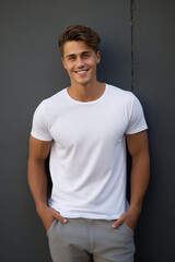 Wall Mural - Portrait of a young man standing a front of a gray wall with hands in pockets and smiling at the camera.