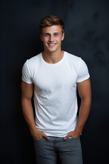 Wall Mural - Portrait of a young man standing a front of a gray wall with hands in pockets and smiling at the camera.