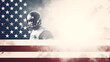 American soccer background banner with soccer player, American flag, background with space for text, Super Bowl Sunday