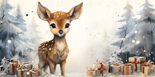 Winter Banner With Fawn, Baby Deer In Snowy Forest With Trees, Snow And Christmas Gift Boxes, Illustration In Watercolor Style.