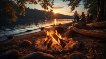 River Bank Campfire Captured At Sunset
