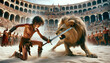 A young boy gladiator armed with a sword standing in the arena in ancient Rome battling a male lion 