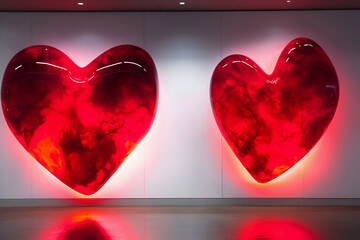 Two pink hearts on white wall background. Valentine's Day