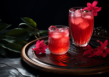 A Creatively Crafted Hibiscus Iced Tea, Showcased On A Stark Black Artisanal Pottery Plate
