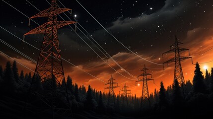 electricity transmission towers with orange glowing wires the starry night sky. energy infrastructur