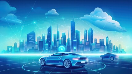 Social networking city and town with automation car on the world symbols moving from buildings to cloud using wifi. Vector illustration, penology, communication, generation, modern, generate by AI