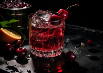 A Cherry Ginger Ale, its deep red hue richly contrasting with the black surface, symbolizing indulgence and refinement.