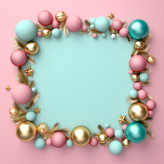 Wall Mural - Christmas frame with balls on pink background. Flat lay. Copy space in the middle.