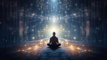 Celestial Tranquility: Serene Meditation Space With Galaxy-Headed Person Emitting Astral Light