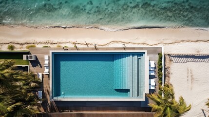 Poster - Coastal Opulence: Bird's-Eye View of Crystal-Clear Swimming Pool at Luxurious Beachfront Property