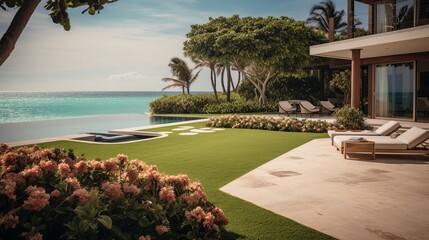 Poster - Coastal Opulence: Bird's-Eye View of Crystal-Clear Swimming Pool at Luxurious Beachfront Property