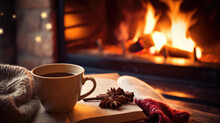 A Cup Of Hot Drink And A Book Against The Backdrop Of A Warm, Cozy Fireplace With Place For Text