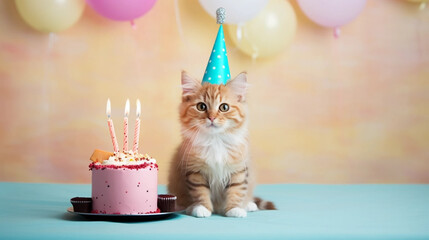 copy space, stockphoto, cute cat wearing a birthday hat, sitting next to a birthday cake. Beautiful template design for birtday card, birthday invitation, greeting card. Cute sweet cat with birthday h