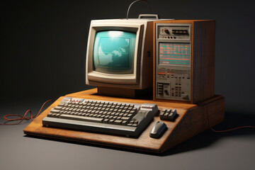 vintage personal computer on desktop, close up. retro style background with pc from 80s. nostalgia c