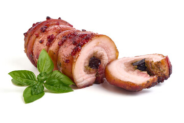 Sticker - Pork Roast pork with prunes, isolated on white background. close-up.