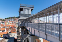 Lisbon, Portugal-October 2022; High Level View Of Santa Justa Lift, A Cast-iron Elevator With Ornamental Iron Work Details Built In 1902 To Connect Lower Streets With Carmo Square