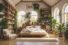 Warm Cozy Plant Home Bedroom With Bookshelves And High Ceilings 