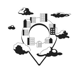 Canvas Print - Dreamy neighborhood location black and white 2D cartoon object concept. Neighbourhood pinpoint isolated vector outline item metaphor. Pin buildings in clouds monochromatic flat spot illustration