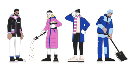 Poster - Winter hazards preventing 2D linear cartoon characters set. Outerwear diverse isolated line vector people white background. Protect against winter weather color flat spot illustration collection