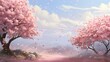 A springtime scene with cherry blossom petals drifting on a gentle breeze